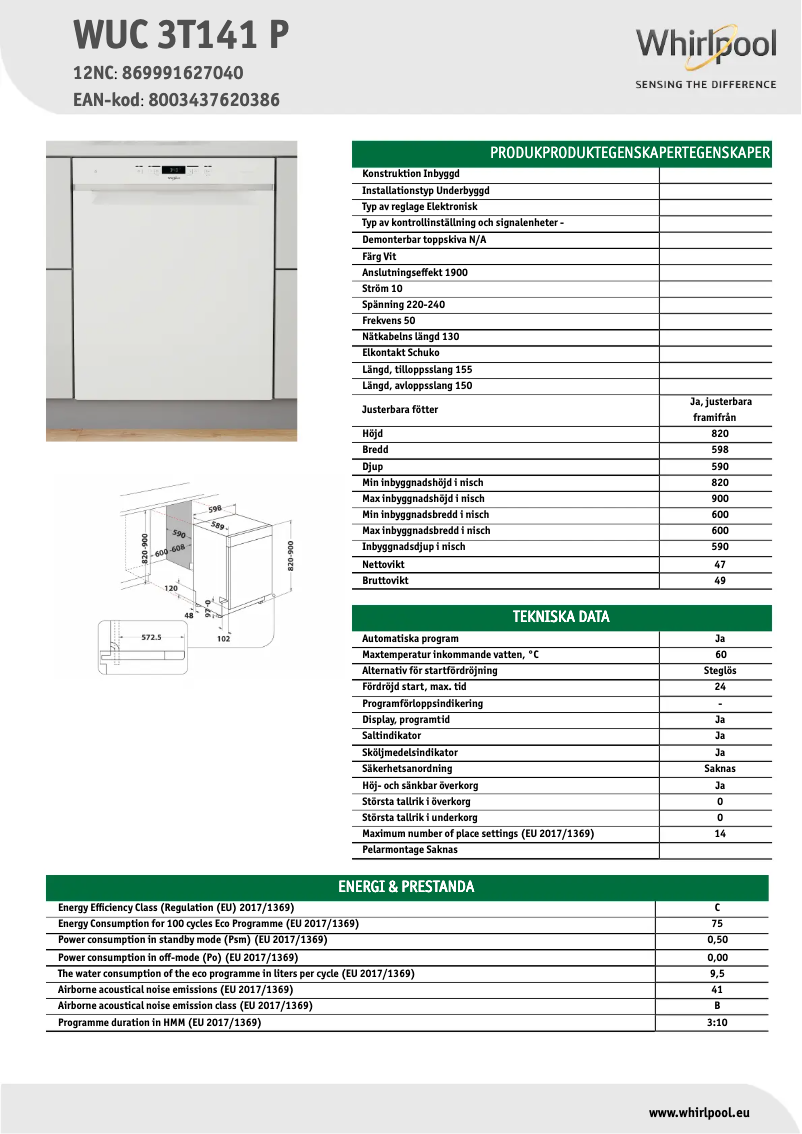 Page 1 of the manual Technical Sheet Whirlpool WUC 3T141 P