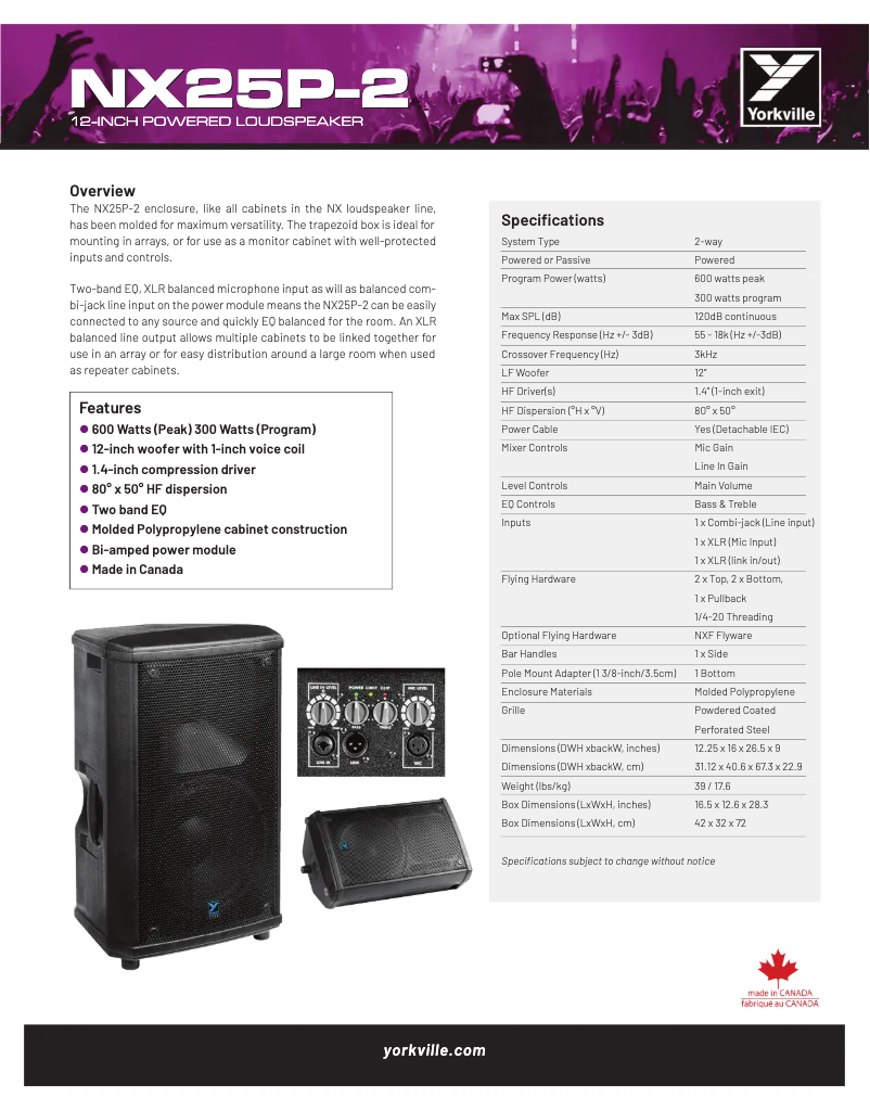 Page 1 de la notice Fiche technique Yorkville NX25P-2