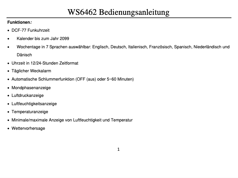 First page image of the manual for WS 6462