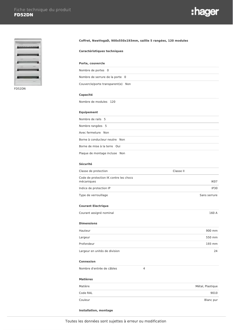 Page 1 of the manual Technical Sheet Hager FD52DN