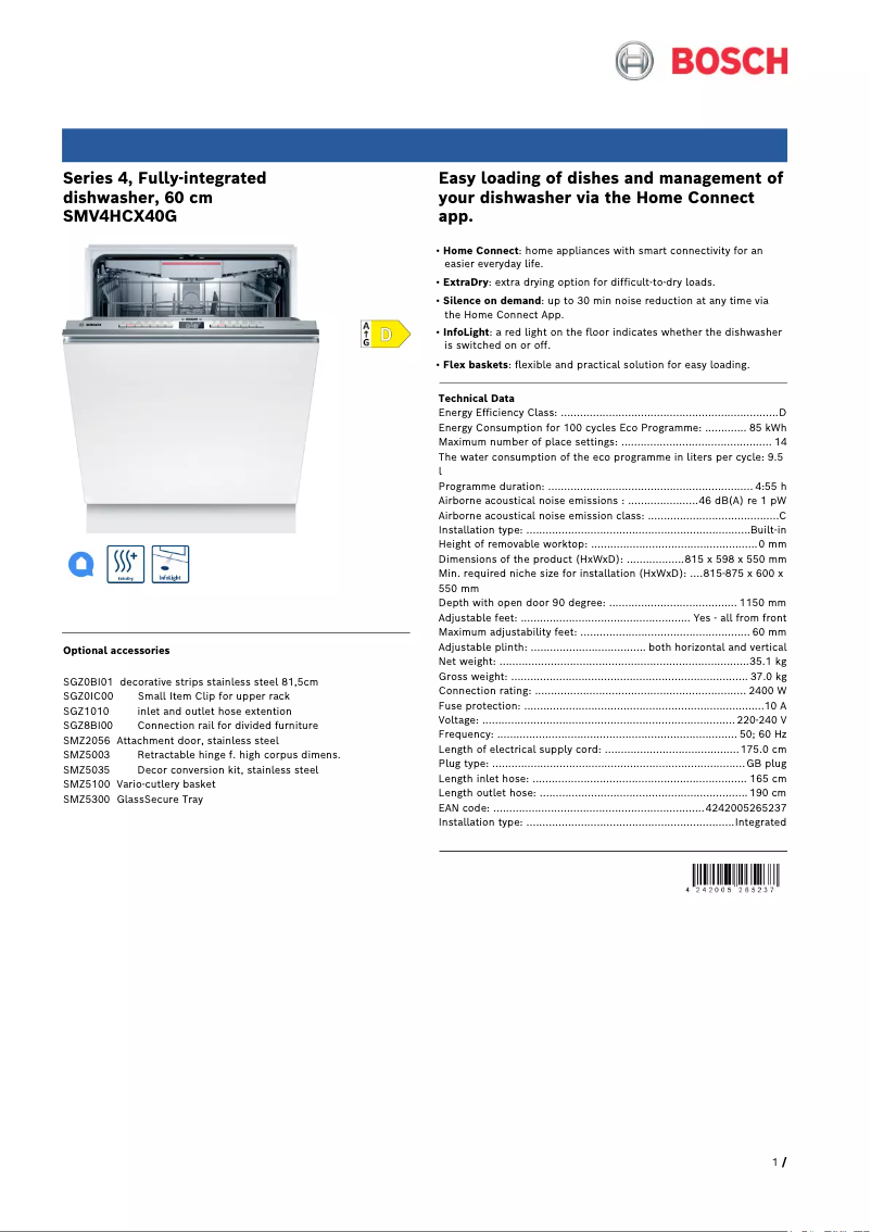 Page 1 of the manual Technical Sheet Bosch Serie 4 SMV4HCX40G