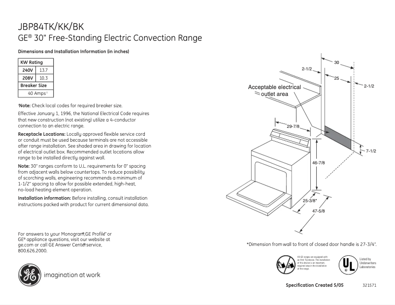 Page 1 of the manual Technical Sheet GE JBP84TKWW