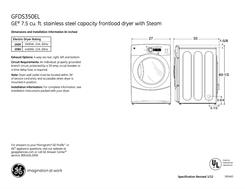 Page 1 of the manual Technical Sheet GE GFDS350ELWW