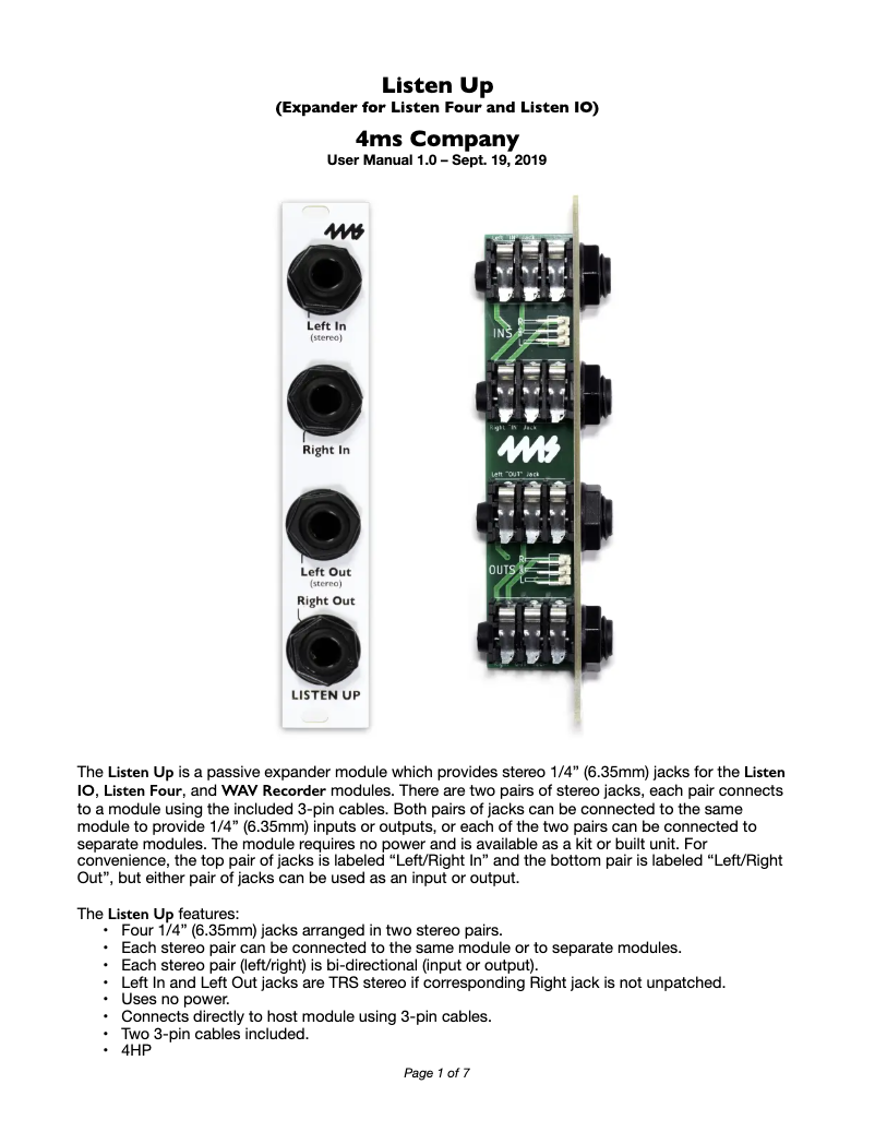 Page 1 of the manual User Manual 4ms Listen Up