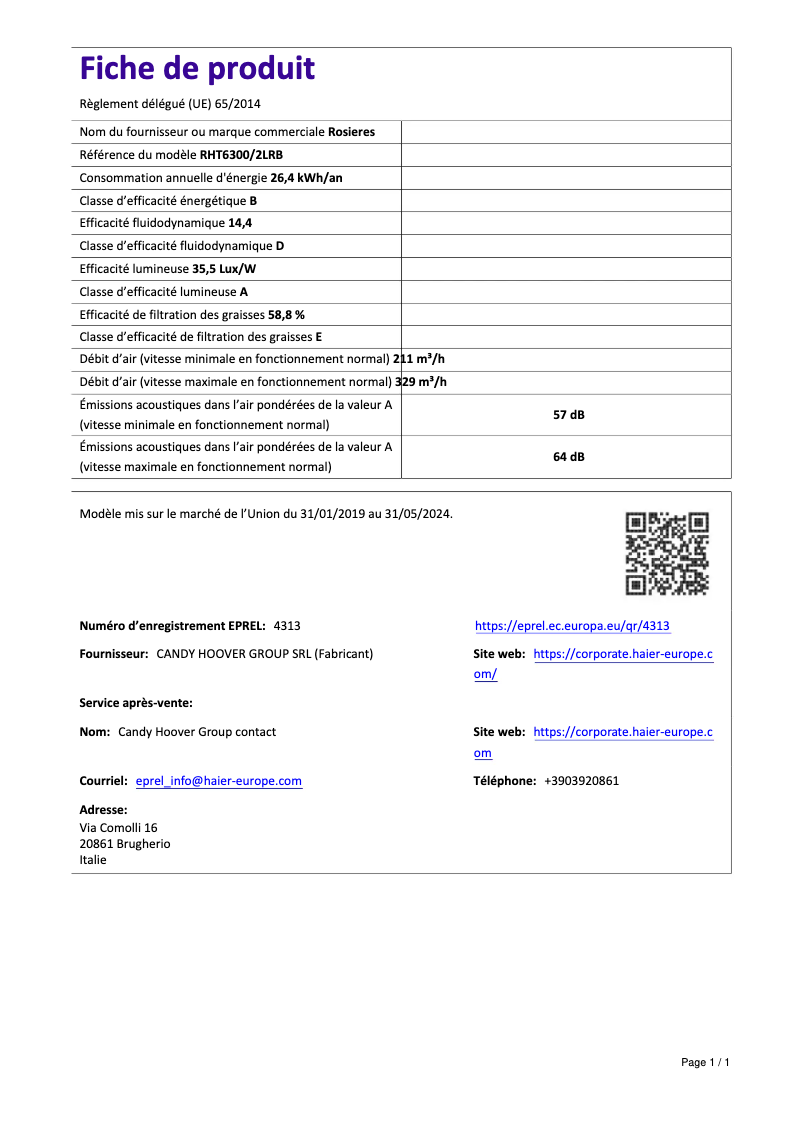 Page 1 of the manual Technical Sheet Rosieres RHT 6300/2 LRB