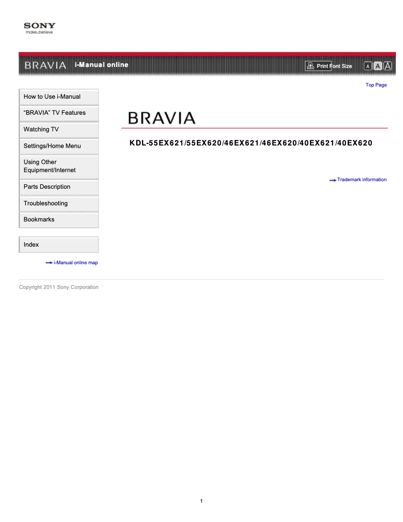 Page 1 of the manual User Manual Sony Bravia KDL-55EX621