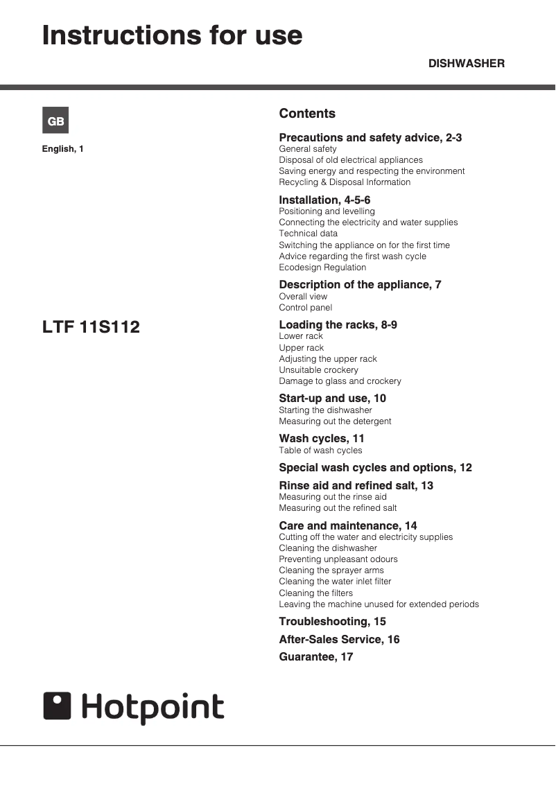 Page 1 of the manual User Manual Hotpoint LTF 11S112 O Ultima
