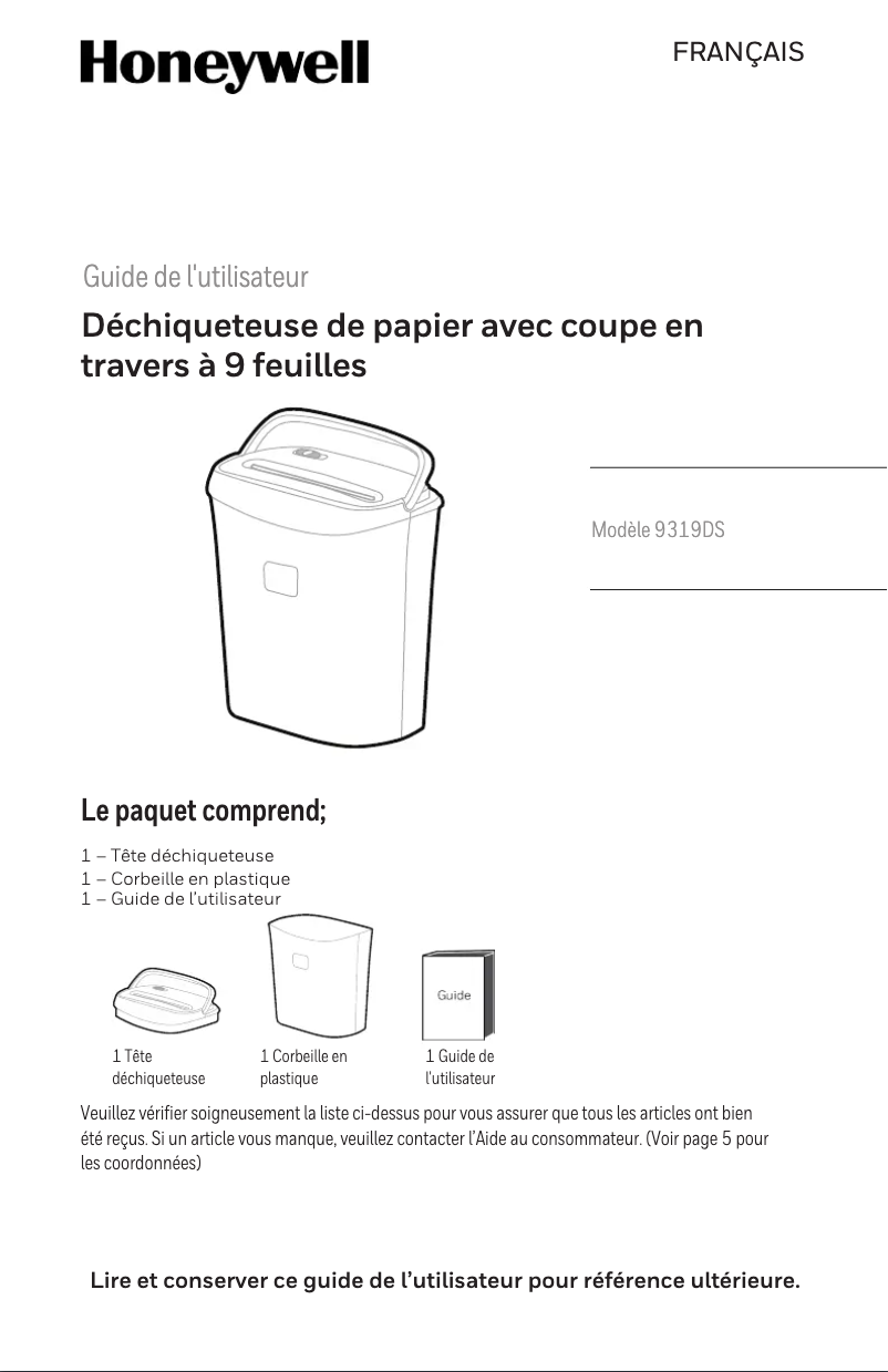 Page 1 of the manual User Manual Honeywell 9319DS