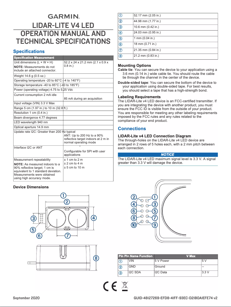First page image of the manual for LIDAR-Lite v4 LED