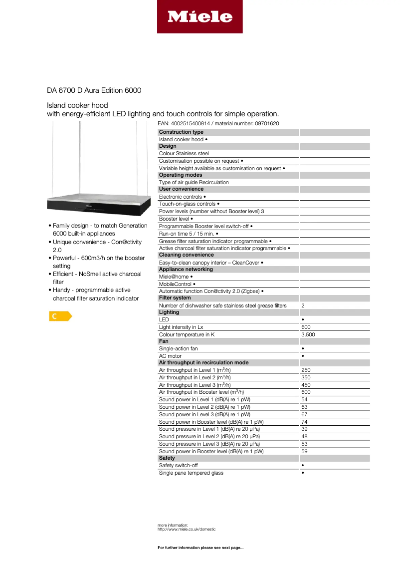 Page 1 of the manual Technical Sheet Miele DA 6700 D