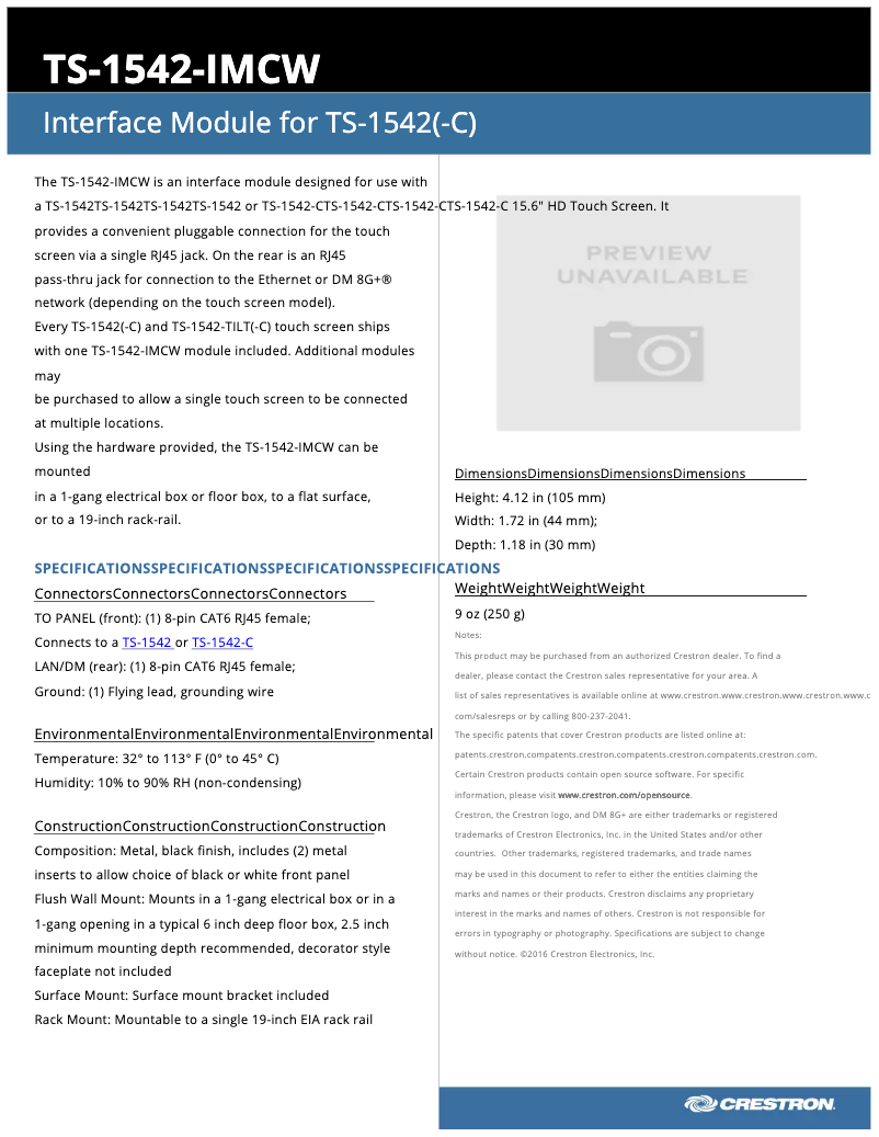 Page 1 of the manual User Manual Crestron TS-1542-IMCW