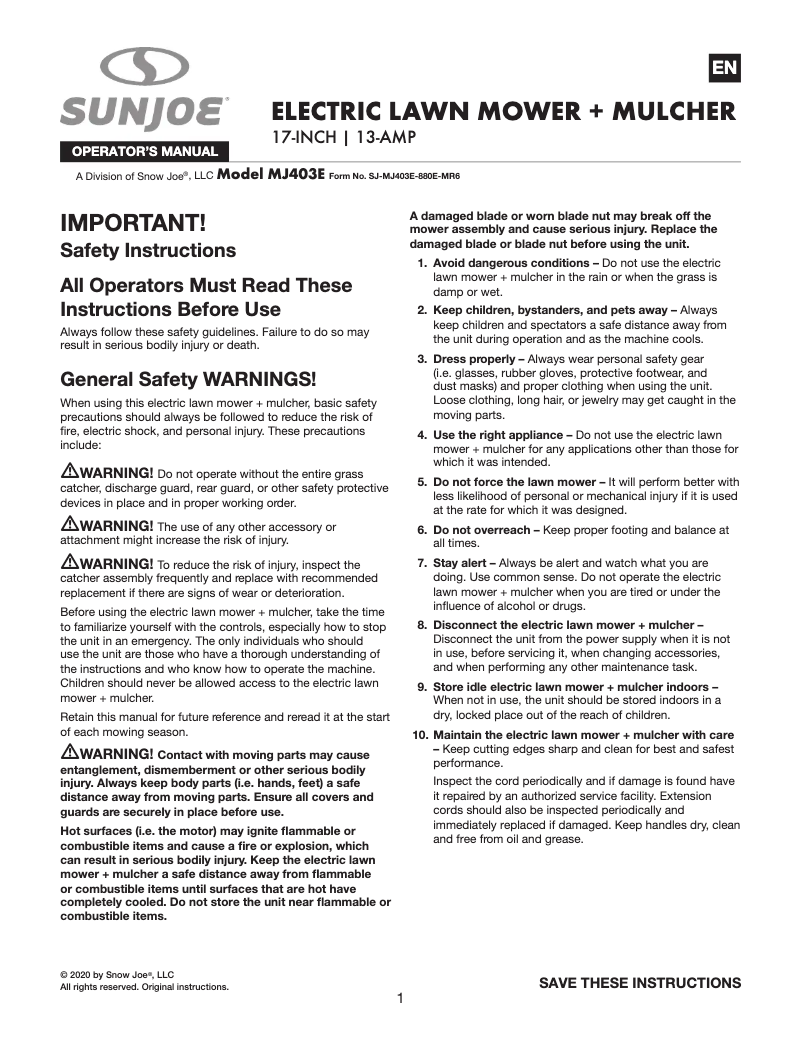 Page 1 of the manual User Manual Sun Joe TRJ608E