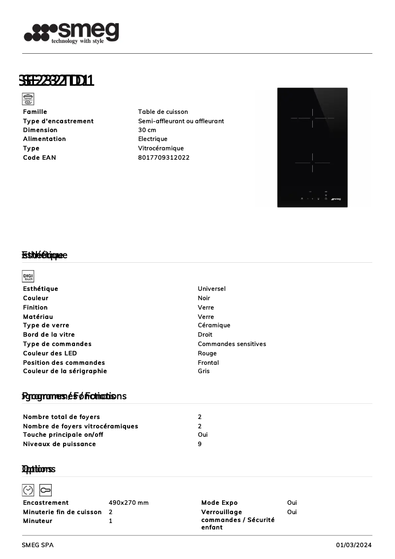 Page 1 of the manual Technical Sheet Smeg SE232TD1