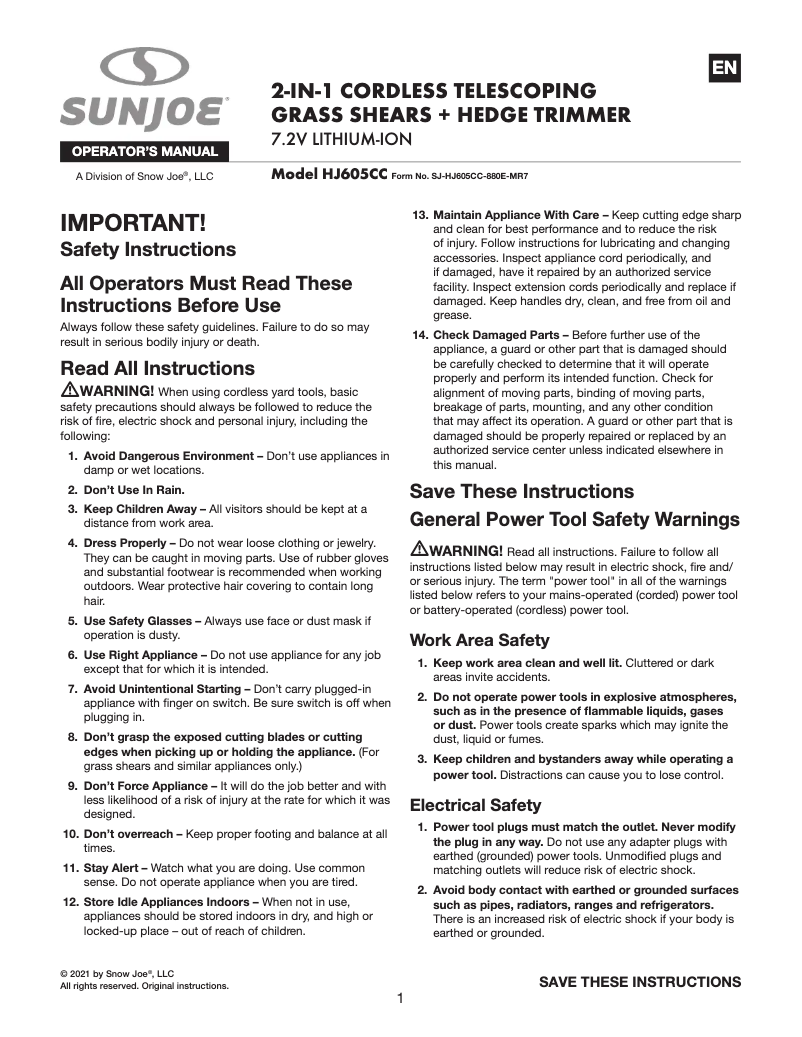 Page 1 of the manual User Manual Sun Joe HJ605CC