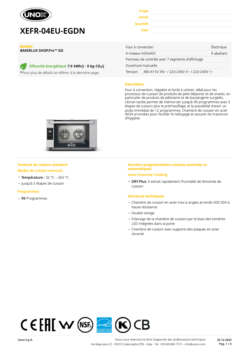 Page 1 of the manual Technical Sheet Unox BAKERLUX SHOP.Pro GO