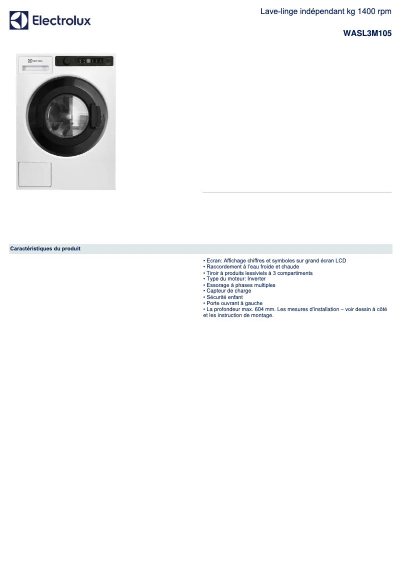 Page 1 of the manual Technical Sheet Electrolux WASL3M105