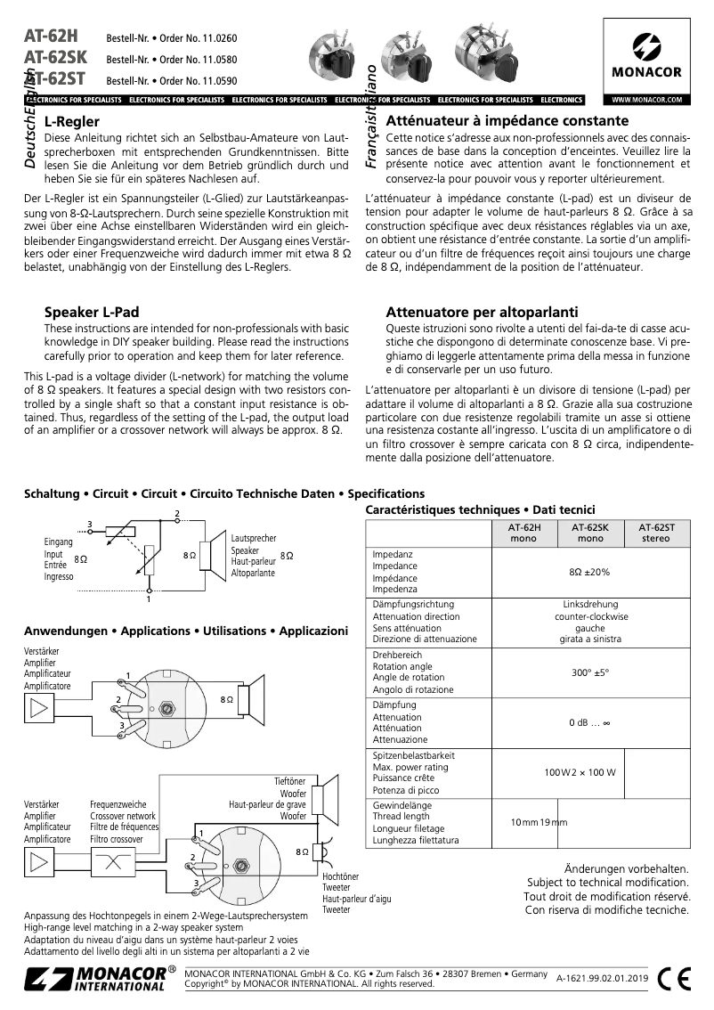 Page 1 of the manual User Manual Monacor AT-62SK