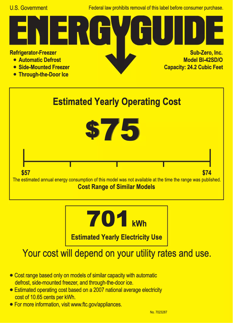 Page 1 of the manual Energy Label Sub-Zero BI-42SD/O