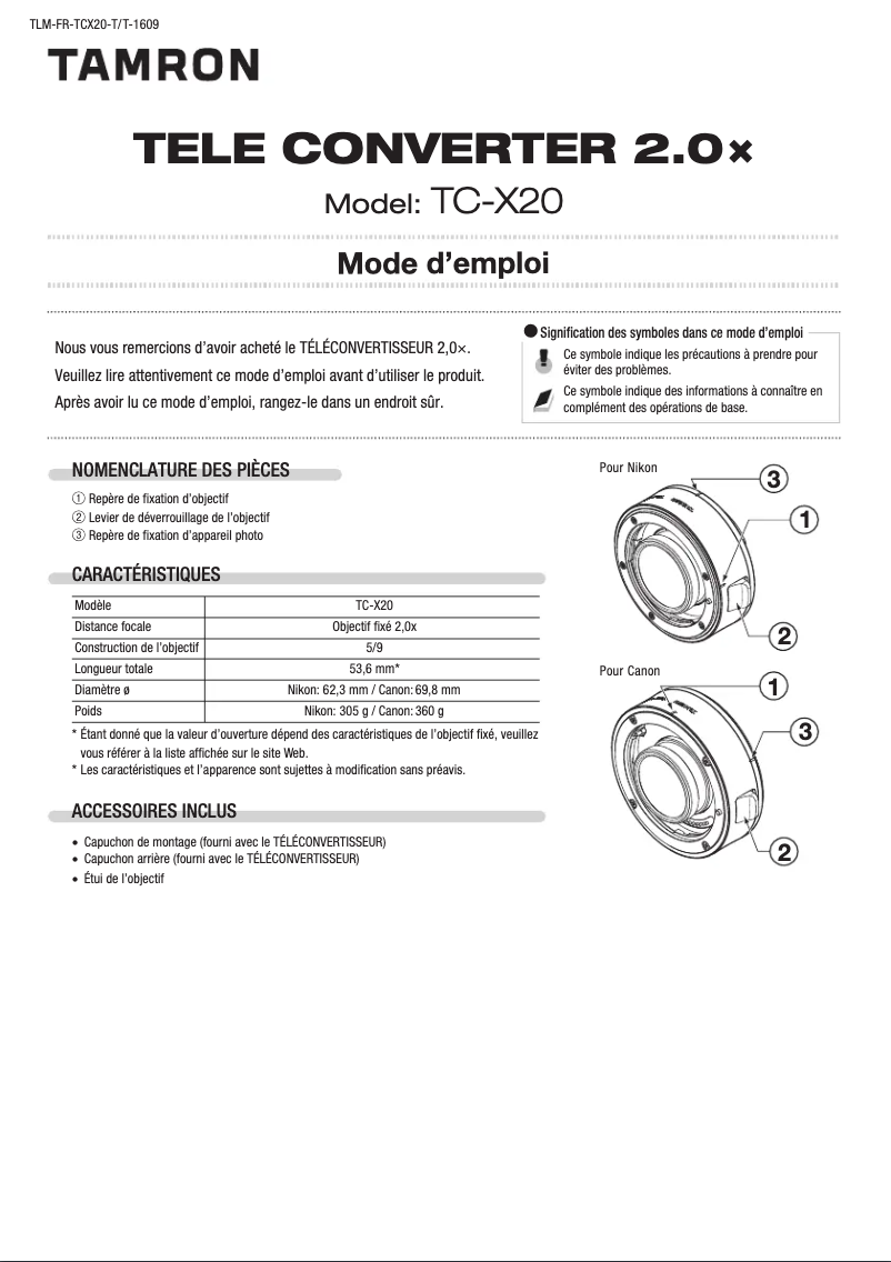 Page 1 of the manual User Manual Tamron TELE CONVERTER 2.0x