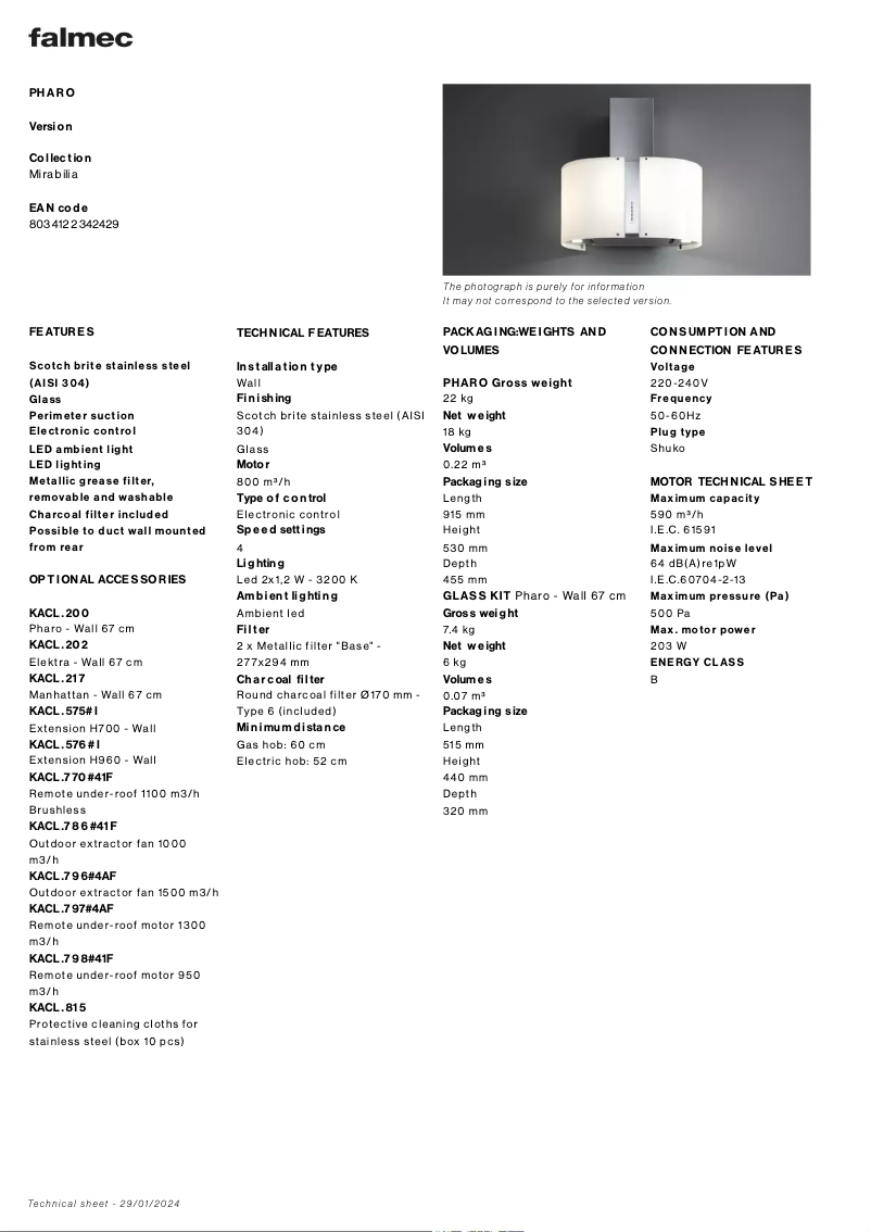 Page 1 of the manual Technical Sheet Falmec Pharo
