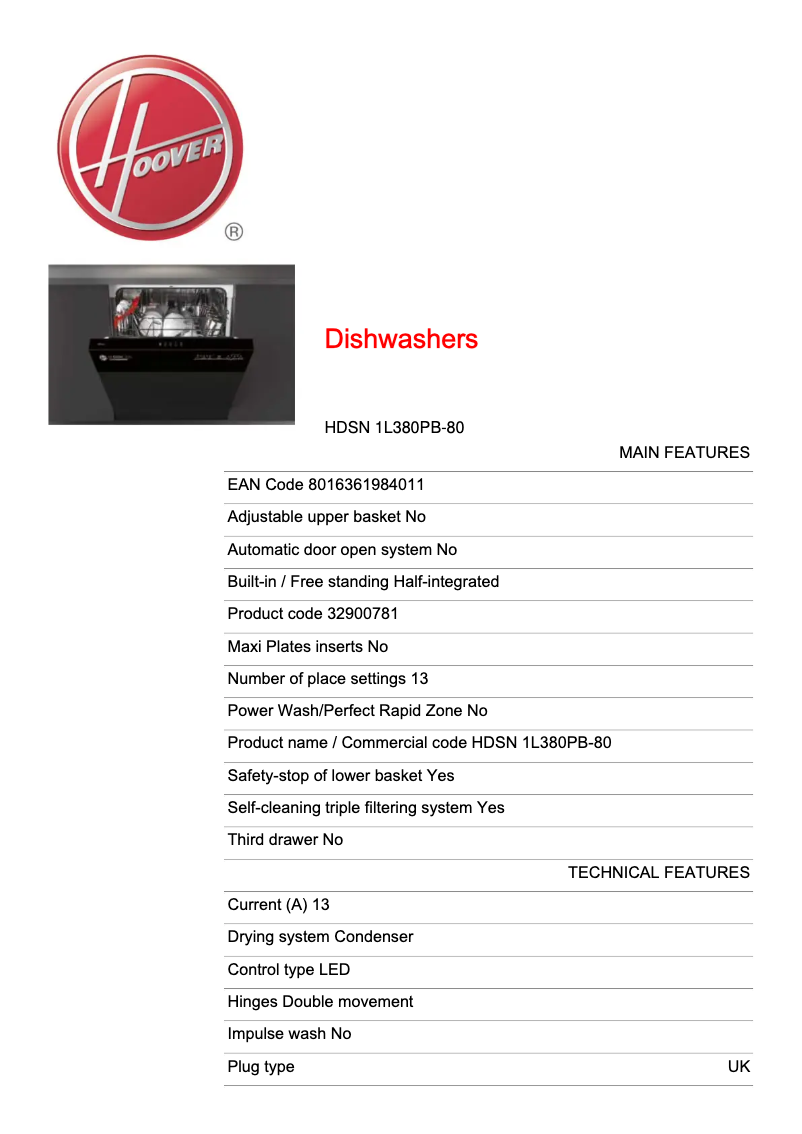 Page 1 of the manual Technical Sheet Hoover HDSN 1L380PB-80