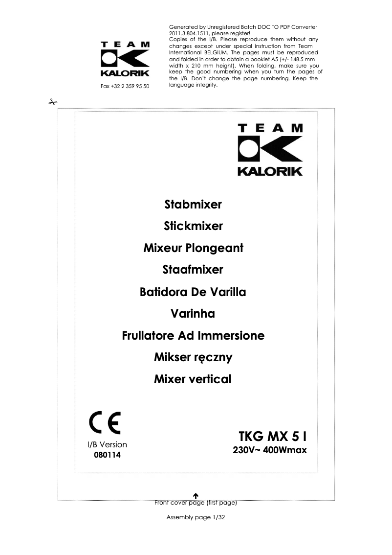 First page image of the manual for TKG MX 5 I