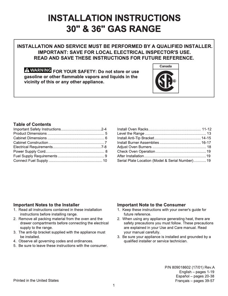 Page 1 of the manual Installation Guide Electrolux ICON E36GF76TPS