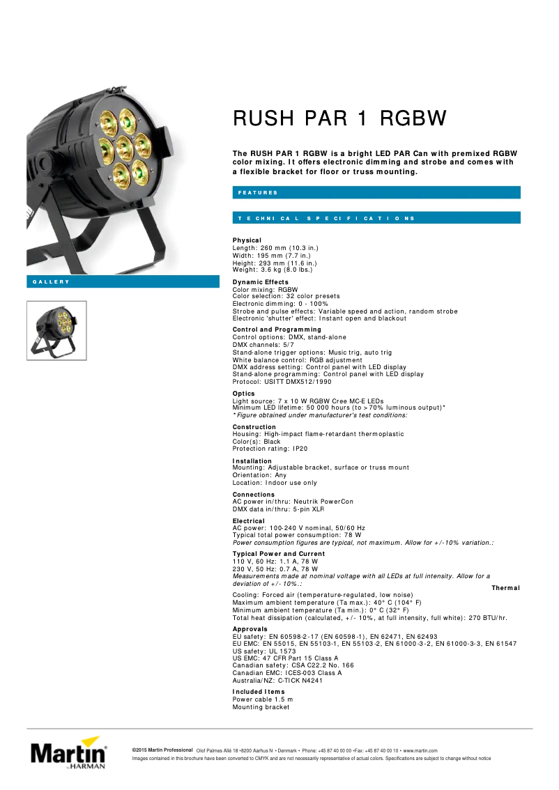Page 1 of the manual Technical Sheet Martin RUSH PAR 1 RGBW