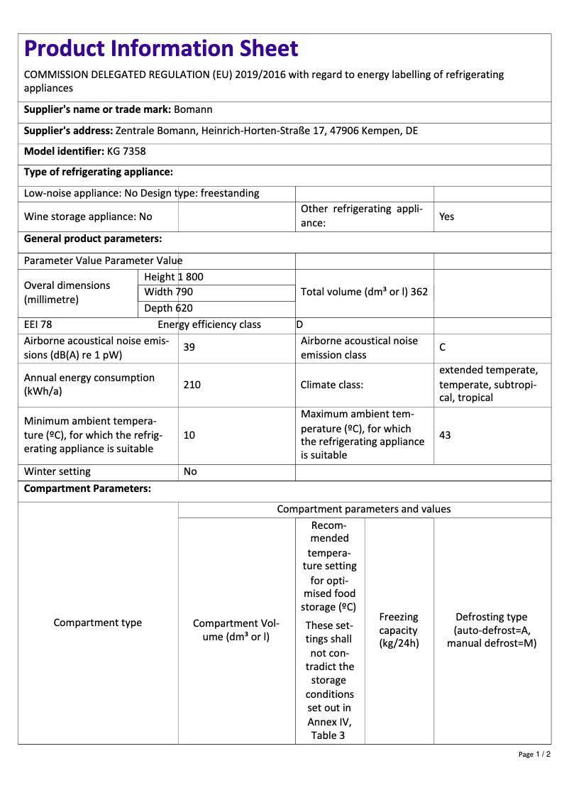Page 1 of the manual Technical Sheet Bomann KG 7358