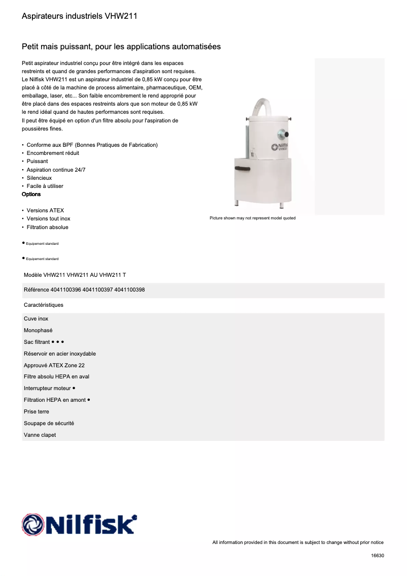 Page 1 of the manual Technical Sheet Nilfisk VHW211