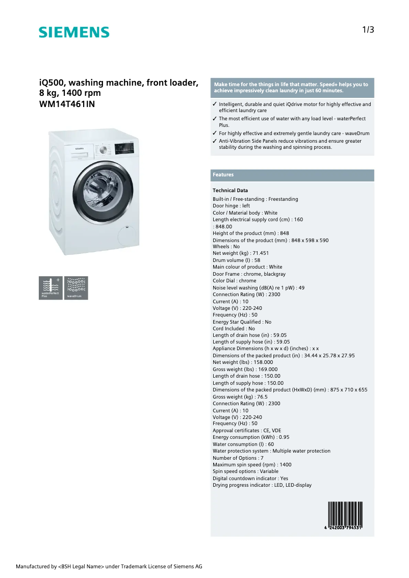 Page 1 of the manual Technical Sheet Siemens WM14T461IN