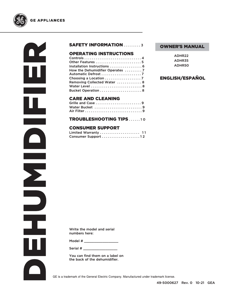 First page image of the manual for ADHR35LB