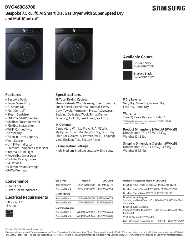 Page 1 of the manual Technical Sheet Samsung DVG46BB6700D