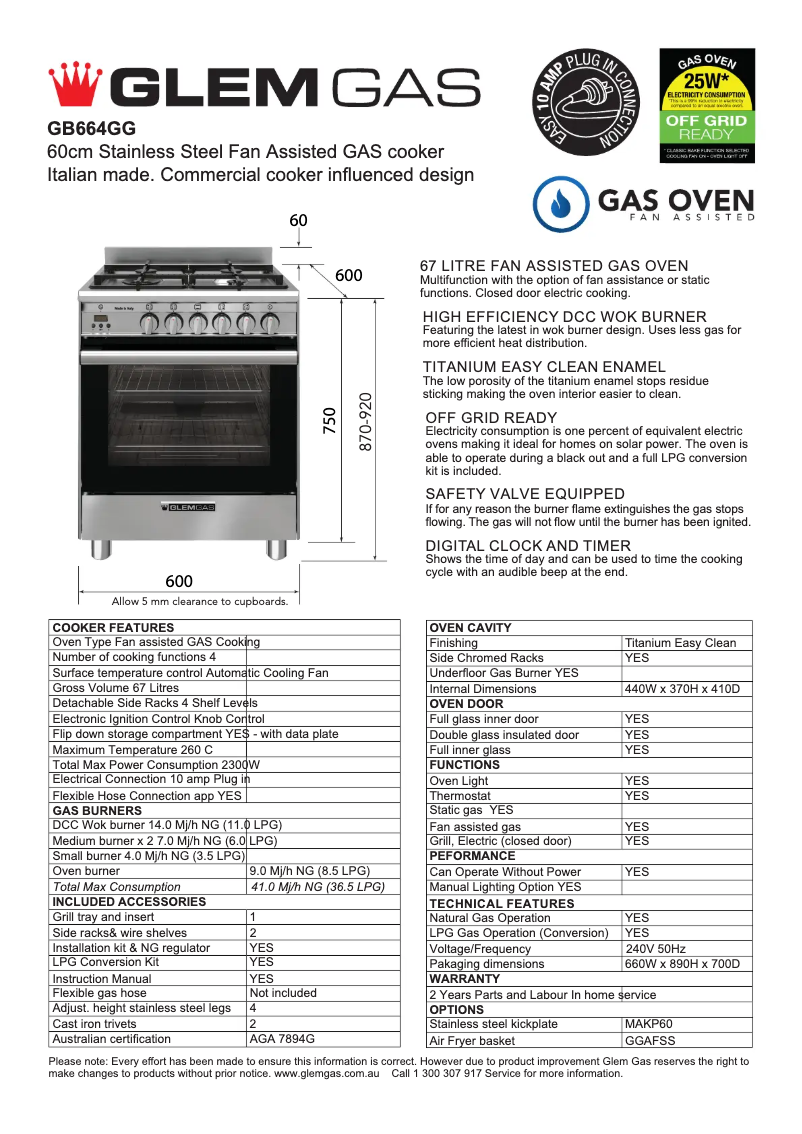 Page 1 of the manual Technical Sheet Glem Gas GB664GG