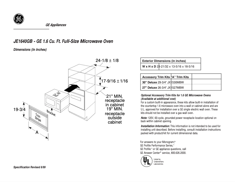 Page 1 of the manual Technical Sheet GE JE1640GB