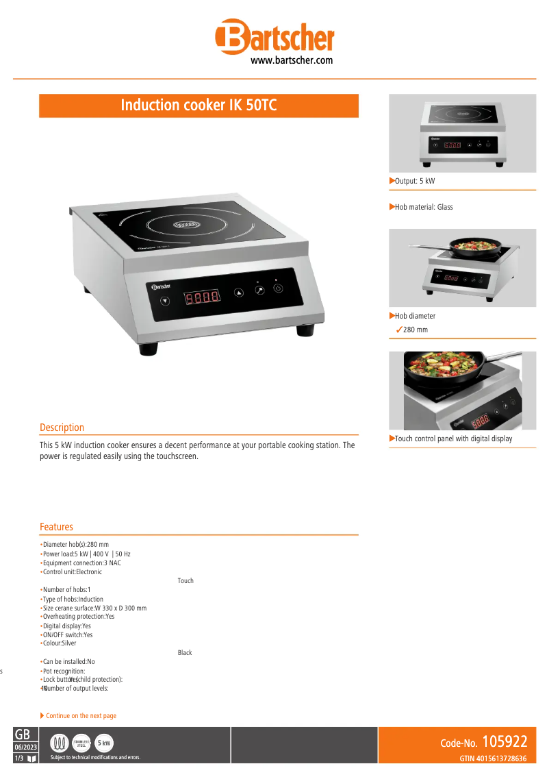 Page 1 of the manual Technical Sheet Bartscher IK 50TC
