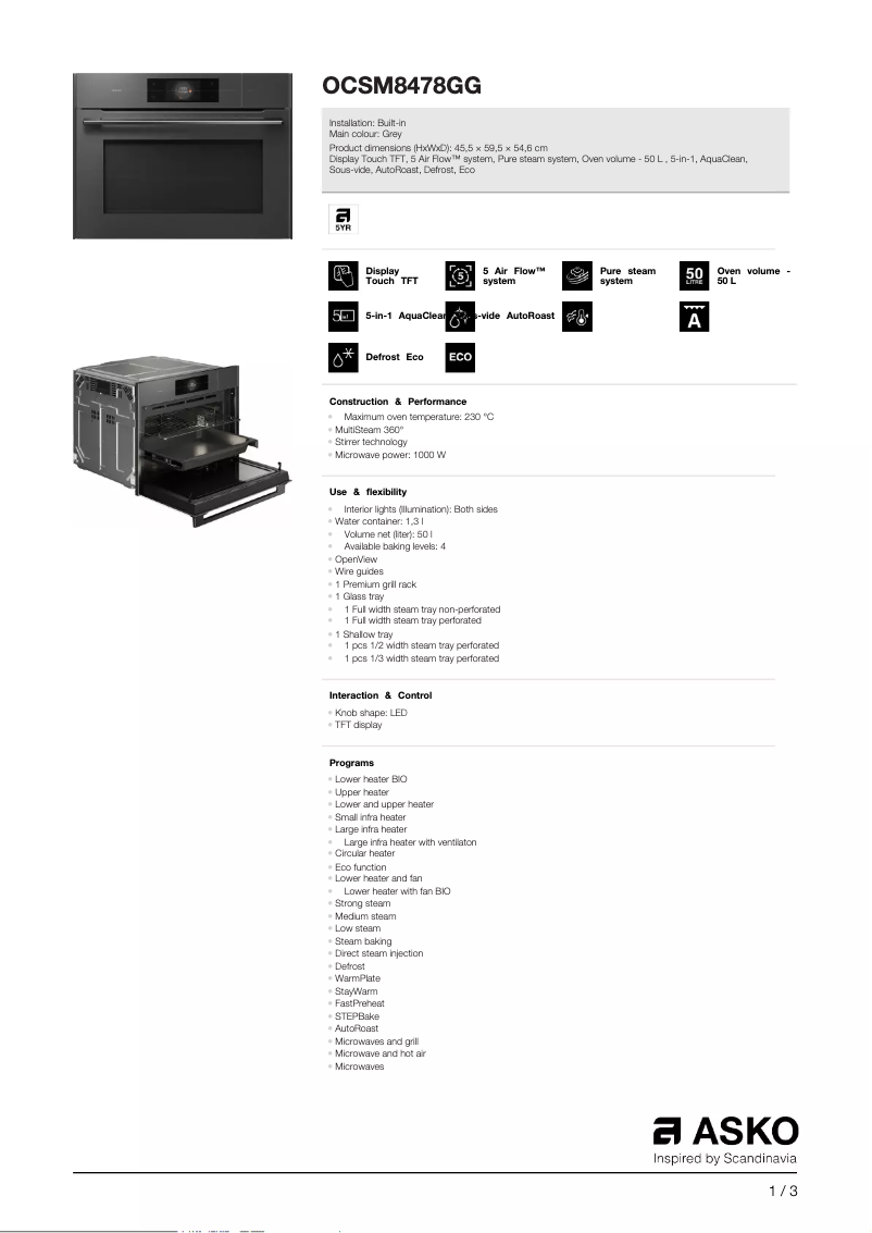 Page 1 of the manual Technical Sheet Asko OCSM8478GG