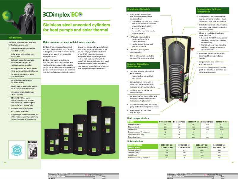 Page 1 of the manual Technical Sheet Dimplex ECS300HPST-580