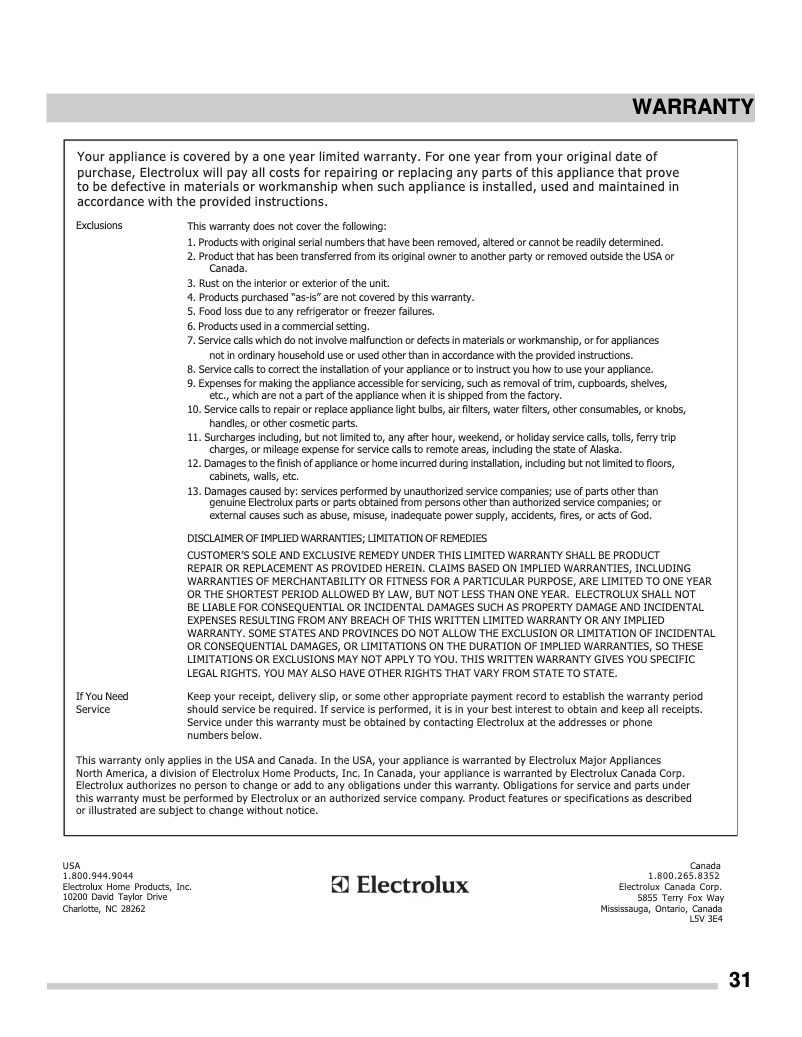 Page 1 of the manual Warranty Information Frigidaire FGWC5233TS