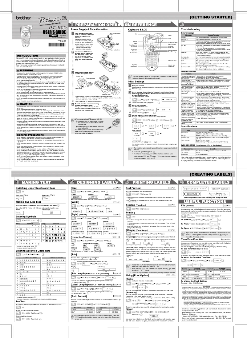 First page image of the manual for P-Touch 1010