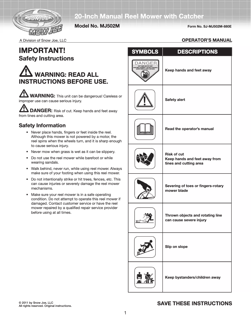 Page 1 of the manual User Manual Snow Joe Sun Joe MJ502M