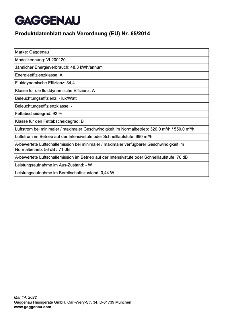 Page 1 de la notice Fiche technique Gaggenau VL200120