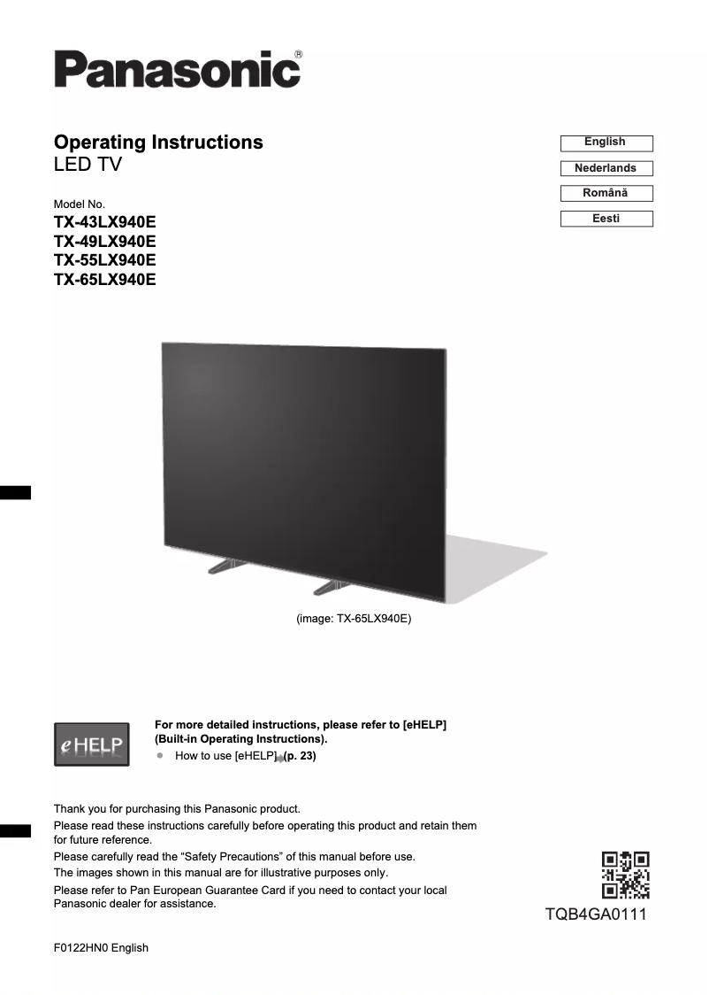 First page image of the manual for TX-55LX940E