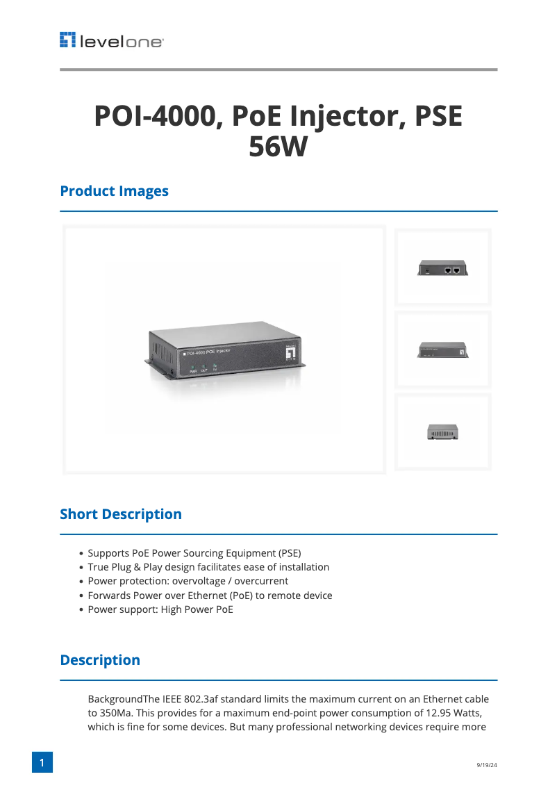 Page 1 of the manual Technical Sheet LevelOne POI-4000