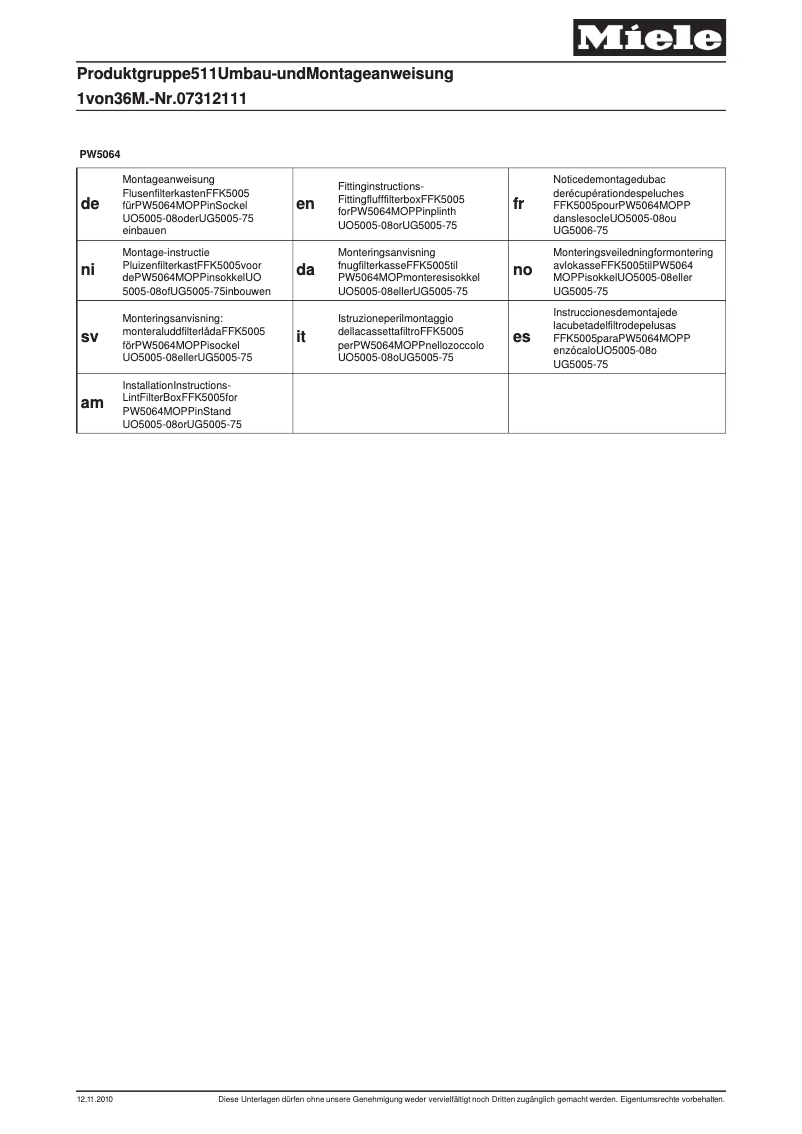 First page image of the manual for UG 5005-75 FFK