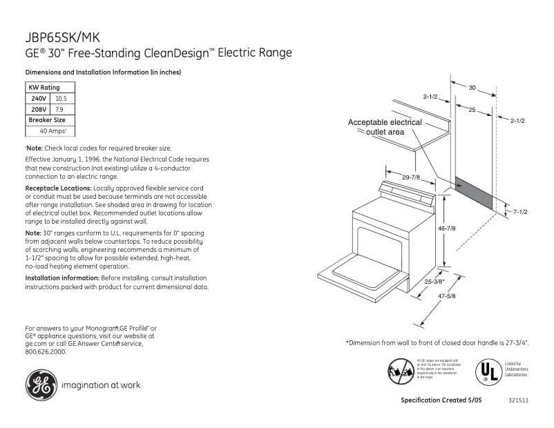 Page 1 of the manual Technical Sheet GE JBP65MKBS