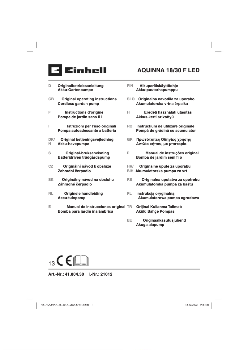 Page 1 of the manual User Manual Einhell AQUINNA 18/30 F LED