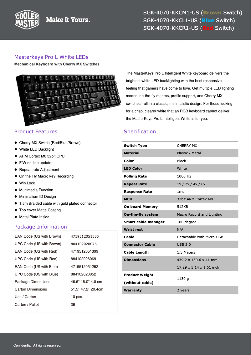 Page 1 of the manual Technical Sheet Cooler Master MasterKeys Pro L
