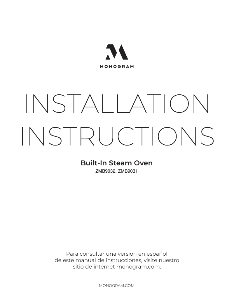 Page 1 of the manual Installation Guide Monogram ZMB9031SN
