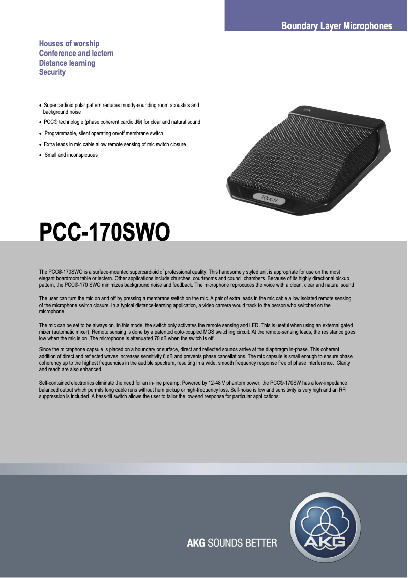 Page 1 of the manual Technical Sheet AKG PCC-170SWO